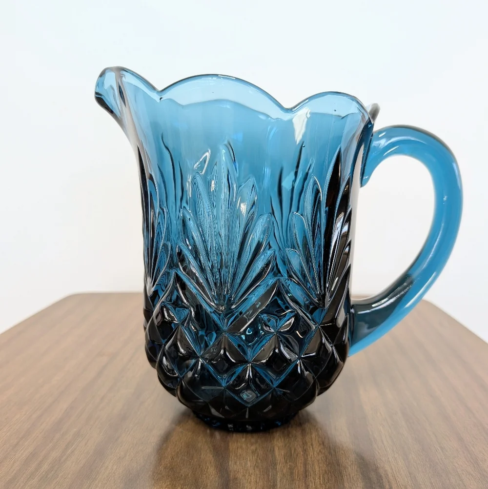 Jeffrey Banks Dark Blue Cut Crystal Pitcher Scalloped Edges Shannon By Godinger